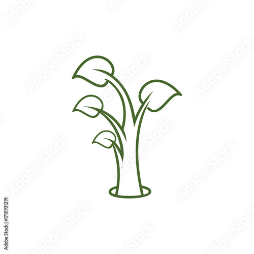 A minimalist green line art icon of a young plant with multiple leaves sprouting from a hole.