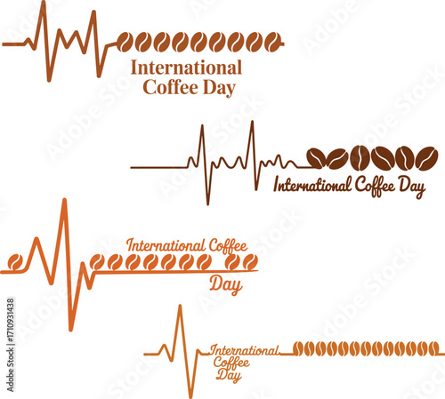 International coffee day heartbeat design with cup beans and wave line brown retro vector cafe beverage shop poster