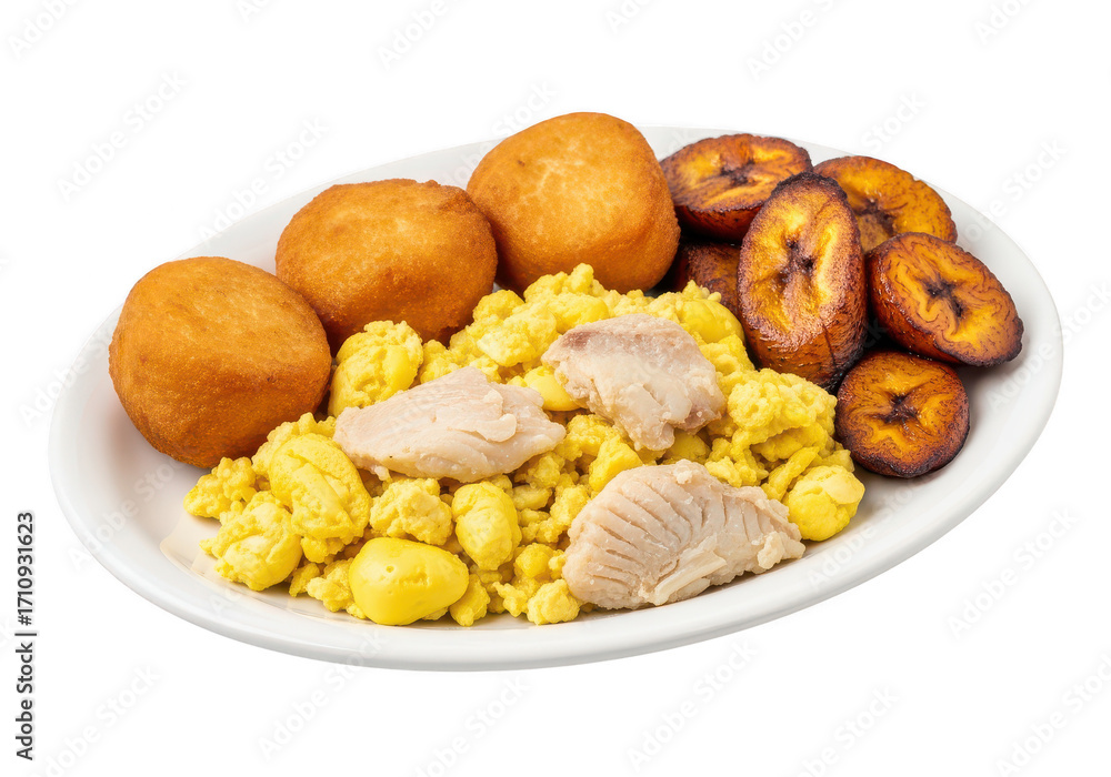 Fototapeta premium Delicious Ghanaian Cuisine: Tatale, Koose, and Fried Plantain on White Plate