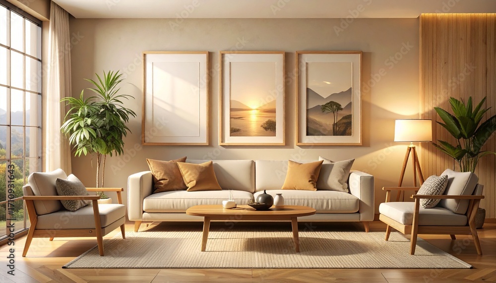 Fototapeta premium Inviting modern living room interior design with comfortable furniture, natural light filtering through large windows, and serene framed nature artwork creating a peaceful home atmosphere