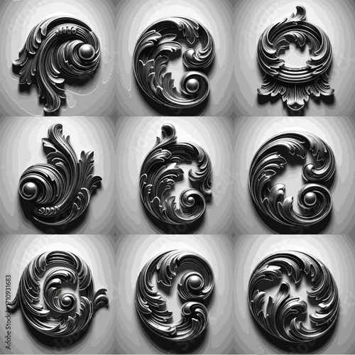 A captivating grid of nine exquisitely detailed metallic scrollwork designs, showcasing classic baroque and rococo ornamental artistry with intricate foliate motifs in an elegant monochrome palette
