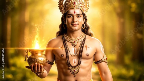Dhanvantari, Indian God of Medicine, Amrita Pot - A young man, costumed as the Hindu deity Dhanvantari, holds a glowing amrita pot.
