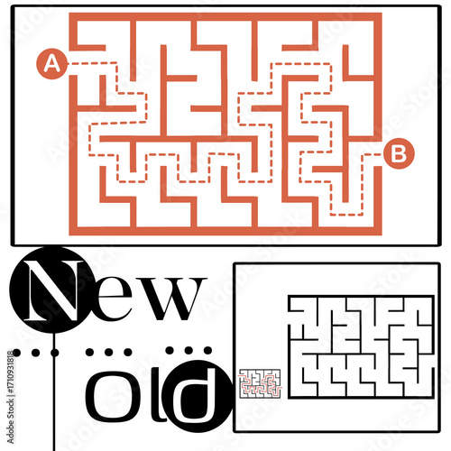 Illustration with labyrinth, maze conundrum for kids. Baby puzzle with entry and exit. Children puzzle game. New and old for labyrinth.
