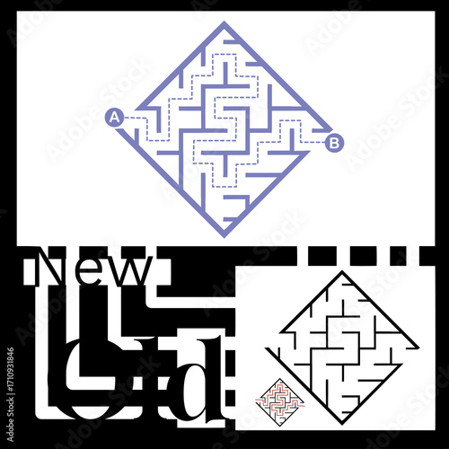Illustration with labyrinth, maze conundrum for kids. Baby puzzle with entry and exit. Children puzzle game. New and old for labyrinth.