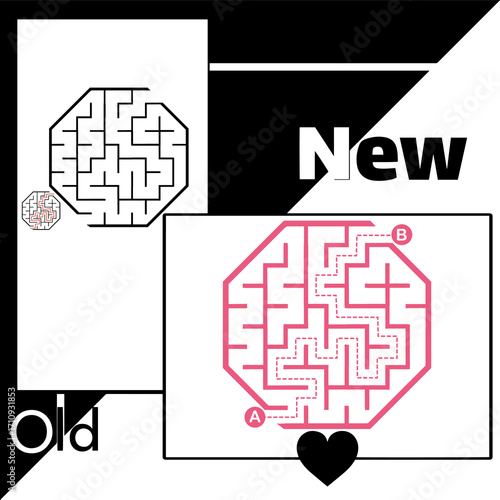 Illustration with labyrinth, maze conundrum for kids. Baby puzzle with entry and exit. Children puzzle game. New and old for labyrinth.