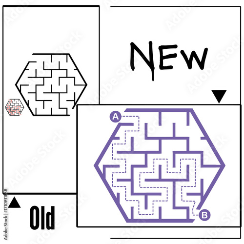 Illustration with labyrinth, maze conundrum for kids. Baby puzzle with entry and exit. Children puzzle game. New and old for labyrinth.