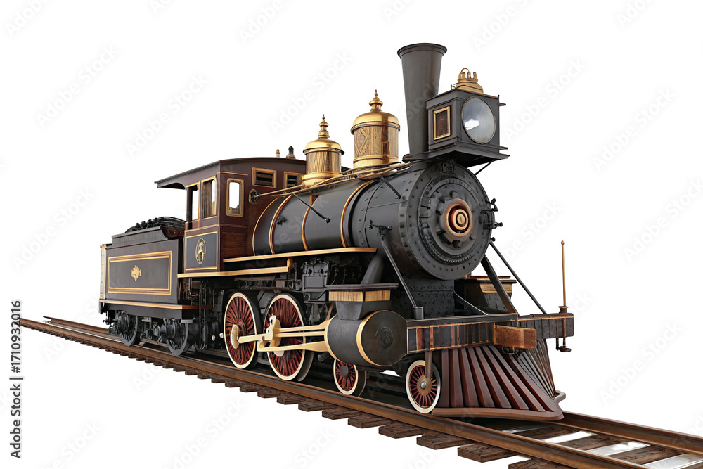 Fototapeta premium Vintage steam locomotive on tracks with wooden cabin and shiny brass details historical image