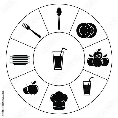 Elegant circular graphic illustrating essential kitchen and dining elements, featuring cutlery, dinnerware, beverages, and fresh produce, perfect for culinary-themed designs and menus