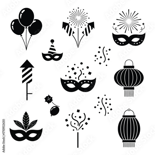 Collection of celebratory icons including balloons, fireworks, masquerade masks, and party hats on a white background