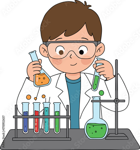 Cartoon child scientist performing chemistry experiment in lab with colorful liquids, safety goggles, test tubes, and educational science equipment setup
