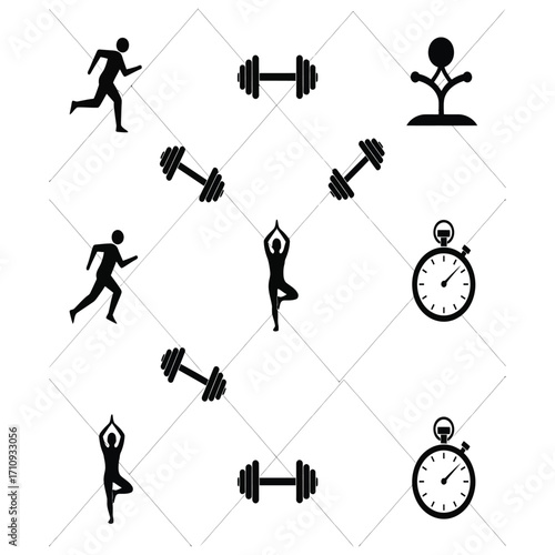 Fitness and wellness icons running, weightlifting, yoga, and time management elements