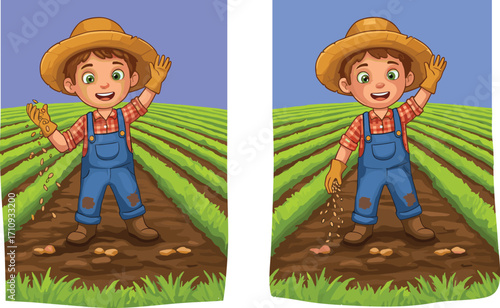 Cartoon farmer sowing seeds in field with green crops, smiling character in overalls and straw hat, agriculture education vector illustration