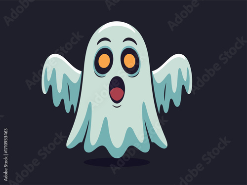 This cute cartoon illustration features a light blue ghost with wide, expressive orange eyes and an open mouth, conveying a sense of fright or surprise. 