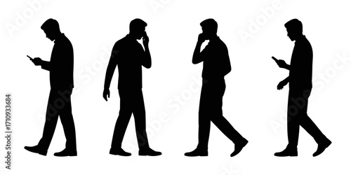 Vector illustration of man silhouettes walking and using smartphone
