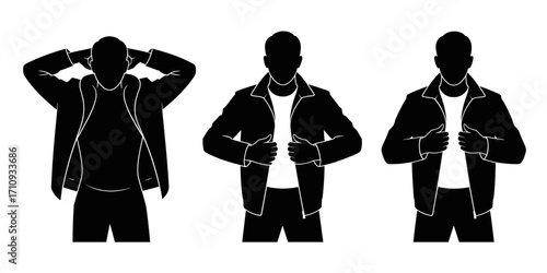 Vector illustration of man silhouettes putting on a jacket
