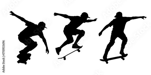 Vector illustration of skateboarder silhouettes performing tricks
