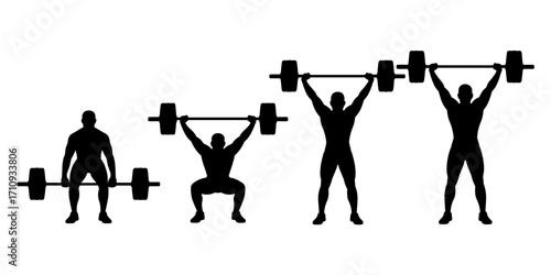 Vector illustration of weightlifting silhouettes with barbell poses