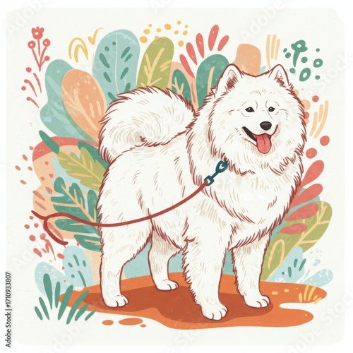 Happy Samoyed dog standing with a leash in colorful floral background  