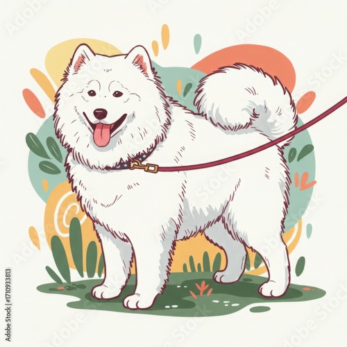 Samoyed dog standing on leash with colorful background and grass  