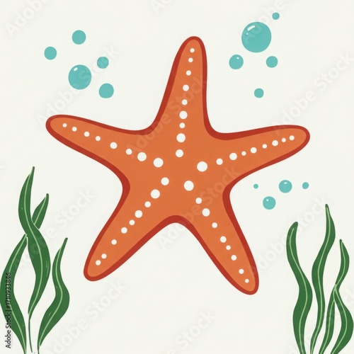 Orange starfish surrounded by seaweed and bubbles on white background  