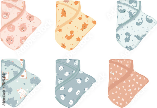 Set of cute baby swaddle blankets with animal patterns, soft newborn wraps in pastel colors, cozy infant sleep accessories