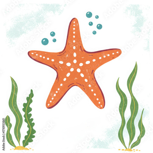 Orange starfish swimming among green seaweed in blue ocean  