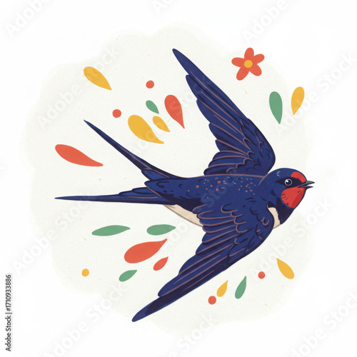 Colorful swallow bird flying amidst floral elements in spring  