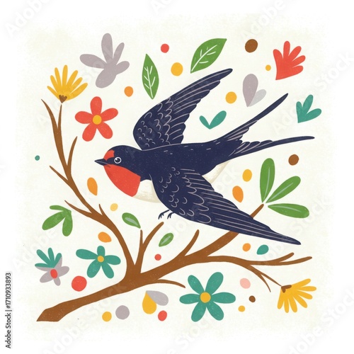 Swallow bird flying above colorful flowers and leaves in spring  
