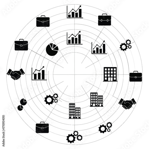 Comprehensive business ecosystem concept illustrated with a circular network of icons representing finance, partnership, and corporate growth