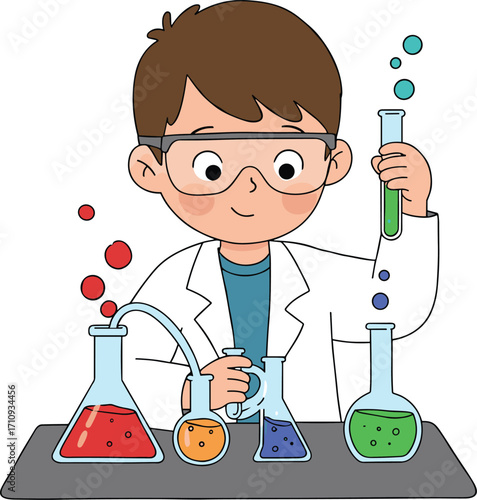 Cartoon Kid Scientist in Lab Coat Doing Chemistry Experiment with Colorful Test Tubes, Beakers, Bubbles, and Safety Goggles in Laboratory
