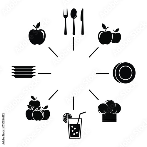 A whimsical arrangement of food and drink icons, including apples, a beverage, cutlery, and a chef's hat, artfully displayed in a circular pattern