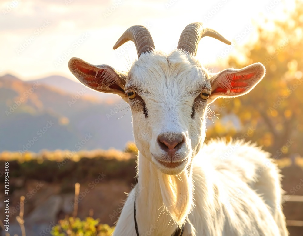 Fototapeta premium White goat gazing at the golden hills
