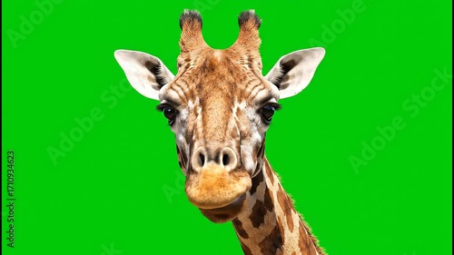 A close-up portrait of a giraffe's head and neck looking directly at the camera, isolated on a vibrant green screen background for chroma key.
