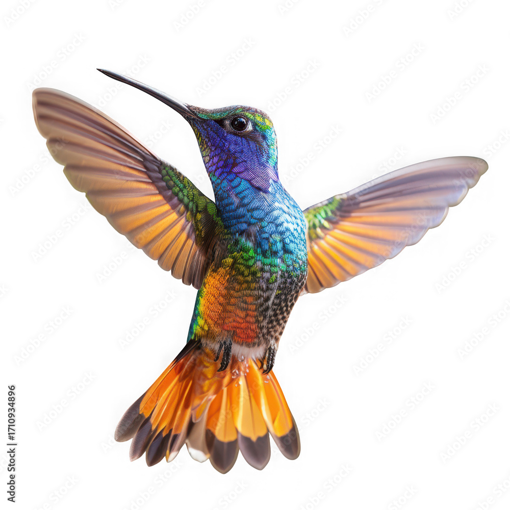 Fototapeta premium A colorful hummingbird in flight with wings spread, isolated on transparent background