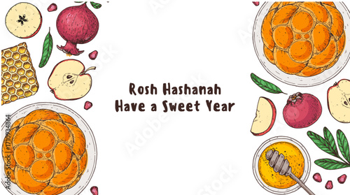 Rosh Hashanah greeting card design template. Hand drawn vector illustration. Jewish new year symbols. Challah bread, apple, pomegranate , honey top view.