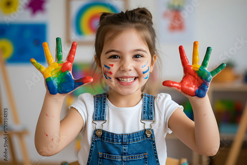 Joyful Toddler Girl Shows Off Colorful Handprints After a Fun Painting Session