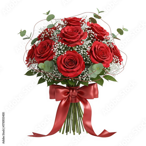 Beautiful bouquet of red roses with a satin bow isolated on transparent background
