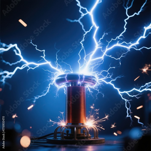 Tesla coil high voltage electric discharge with sparks and lightning experimental electricity visualization
