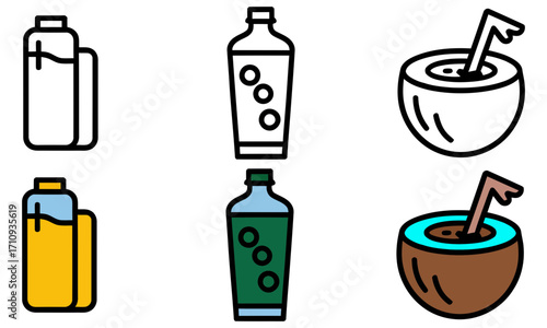 Refreshing coconut water and bottled drinks, stay hydrated with healthy beverages, vector icons