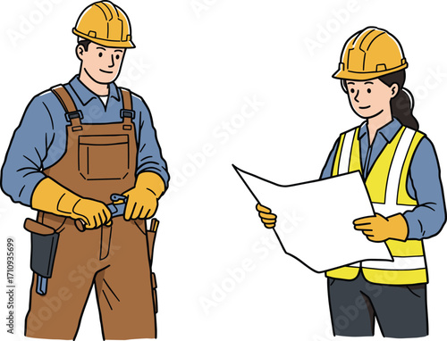 Construction workers reviewing blueprint, male and female engineers in safety gear, CAD drawing flat vector illustration