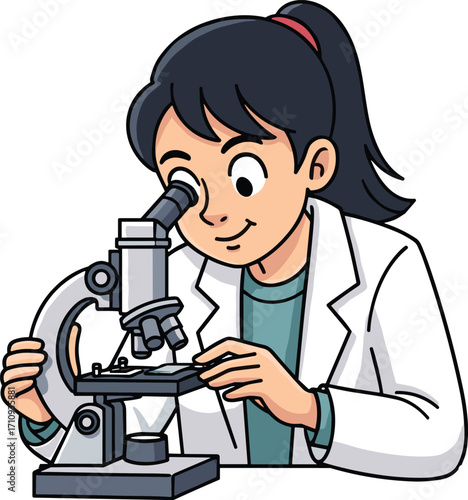 Cartoon scientist using microscope in laboratory for biology research, slide analysis, educational science illustration, and academic observation concept