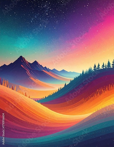 A vibrant landscape painting of rolling hills, mountains, and a colorful sky filled with stars.