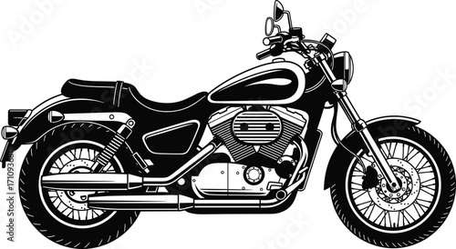 Cruiser motorcycle vector illustration, black and white vintage bike drawing, classic chopper silhouette, retro transport artwork, detailed engine and wheels design