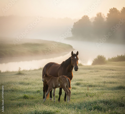 horse in the fog with child 