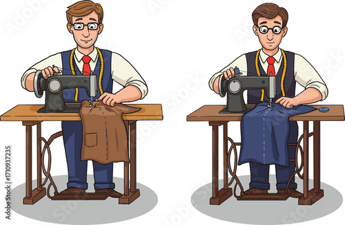 Tailor sewing shirts at machine, fashion designer working with fabric, garment creation process in studio, textile industry vector illustration