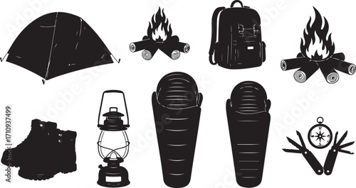 Monochrome Camping Gear Illustration for Outdoor Adventures Featuring Tent, Backpack, Campfire, and Sleeping Bag
