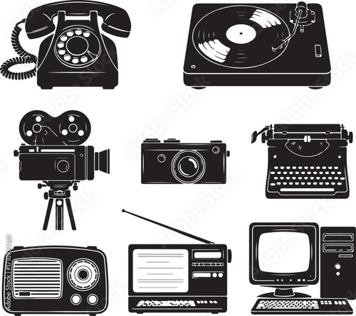 Monochromatic Vintage Technology Collage A Nostalgic Collection of Retro Electronics and Communication Devices in Stark Black and White