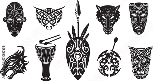 Diverse Tribal Art Collection Featuring Masks, Animal Heads, Spear, Drum and Abstract Circular Design, Showcasing Cultural Heritage