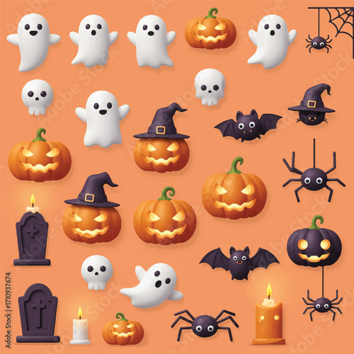 Flat lay of various Halloween-themed emojis including ghosts, pumpkins, bats, spiders, and tombstones arranged on an orange background.