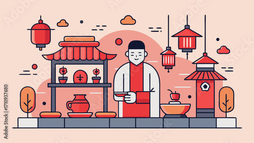Man in traditional clothes standing at altar with food offerings and red lanterns during cultural celebration in flat vector style